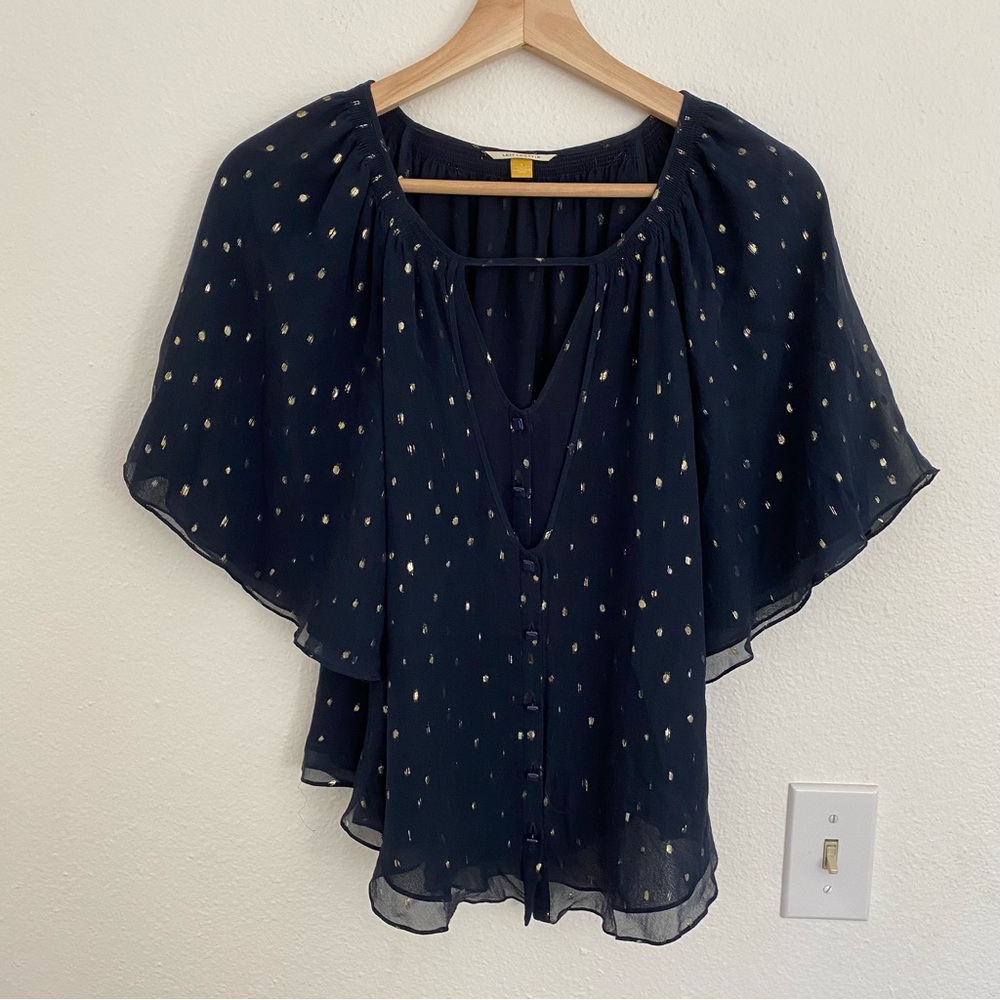 Anthropologie Leifsdottir Navy and Gold Silk Flutter Top, Size 6